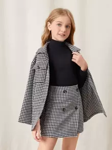 SHEIN Tween Girl Houndstooth Flap Pocket Tweed Coat & Double Breasted Skirt - Black and White - View 5