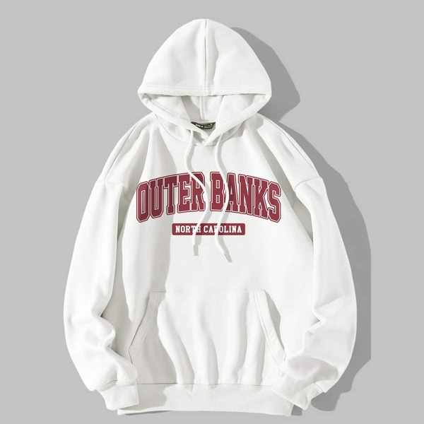 

Letter Graphic Thermal Lined Kangaroo Pocket Drawstring Hoodie, White