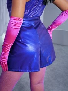 SHEIN ICON Plus Half Zip PU Leather Shorts - Royal Blue - View 7