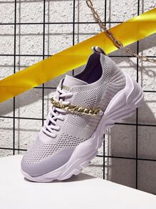 CUCCOO BASICS 鏈條裝飾前綁帶針織老爹鞋 - 紫色 - 查看 6