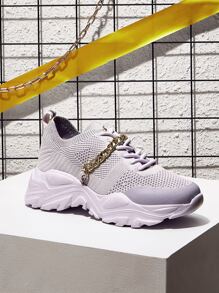 CUCCOO BASICS 鏈條裝飾前綁帶針織老爹鞋 - 紫色 - 查看 4