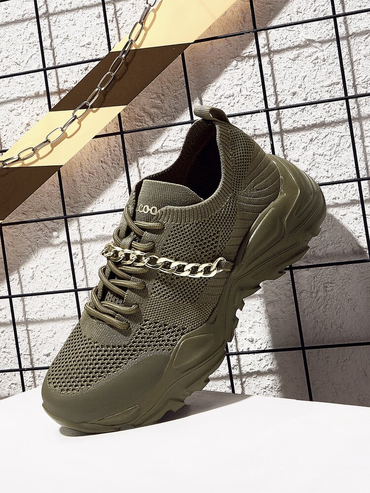 Zapatillas deportivas con cadena decorativa minimalista y suela gruesa para zapatos informales - Caqui - Añade 12