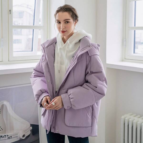 

Slant Pocket Zip Up Hooded Puffer Coat, Lilac purple