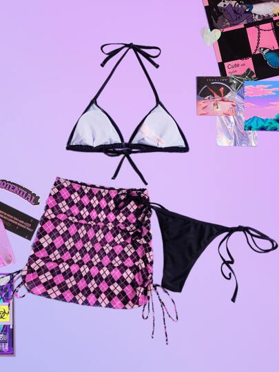 Sweetness 3 paquets Bikini avec nœud papillon à motif de cœur et jupe de plage à carreaux