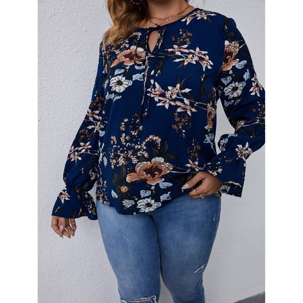 

Plus Floral Print Tie Front Flounce Sleeve Blouse, Navy blue