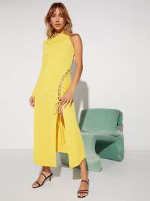 SHEIN One Shoulder Cut Out Lace Up Split Thigh Dress - Yellow - View 2