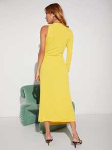 SHEIN One Shoulder Cut Out Lace Up Split Thigh Dress - Yellow - View 3