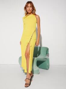 SHEIN One Shoulder Cut Out Lace Up Split Thigh Dress - Yellow - View 4