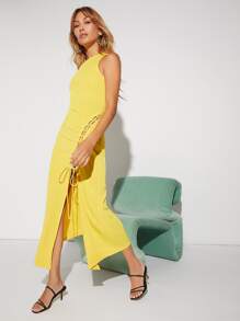 SHEIN One Shoulder Cut Out Lace Up Split Thigh Dress - Yellow - View 5