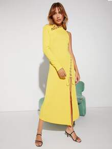 SHEIN One Shoulder Cut Out Lace Up Split Thigh Dress - Yellow - View 1