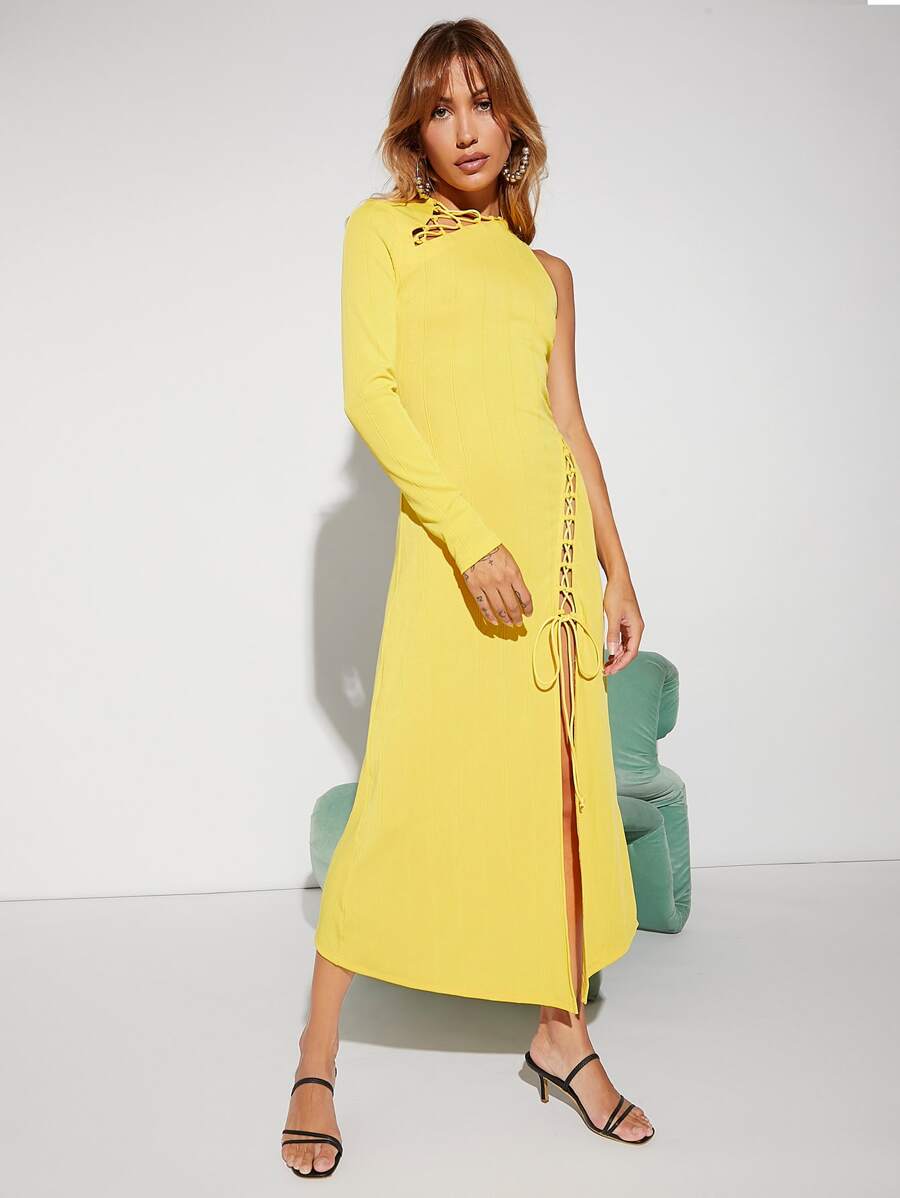 SHEIN One Shoulder Cut Out Lace Up Split Thigh Dress - Yellow - View 1