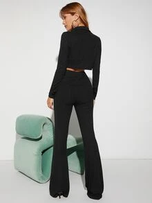 SHEIN Top corto & Pantalones acampanados Conjunto - Negro - Ver 2