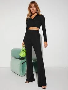 SHEIN Top corto & Pantalones acampanados Conjunto - Negro - Ver 5