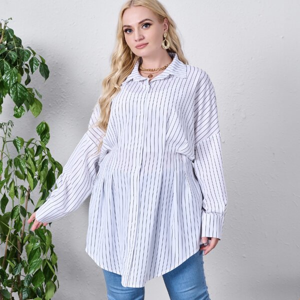 

Plus Striped Drop Shoulder Longline Blouse, White