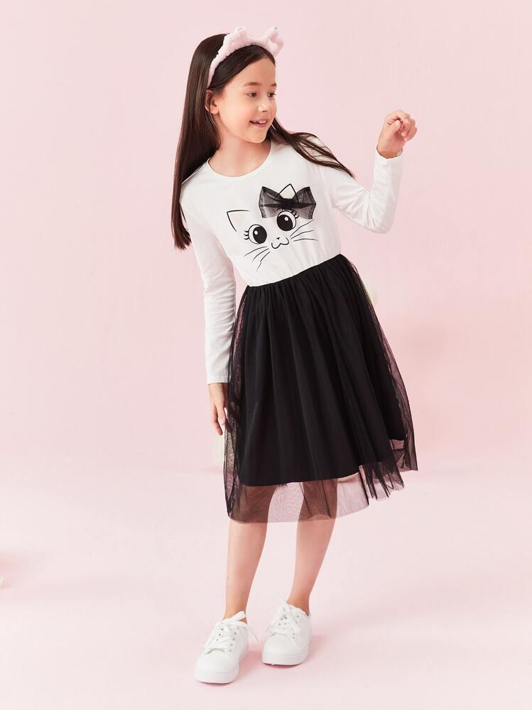 SHEIN Đầm Gái Hoạt hình Khối Màu Dễ thương - Đen và trắng - Xem 1