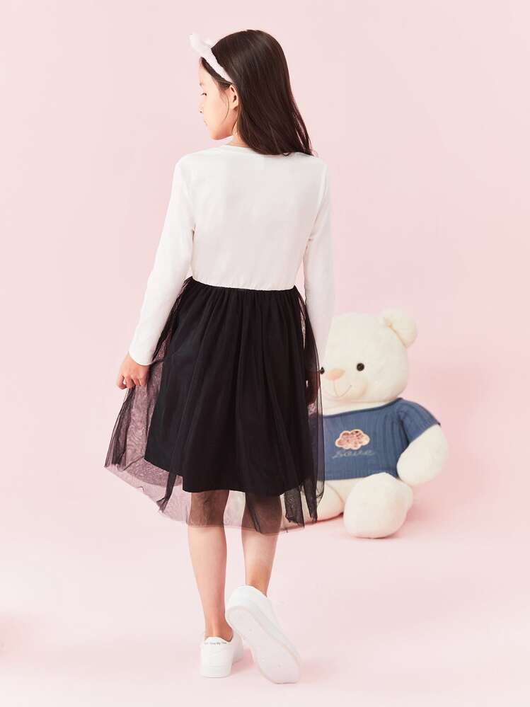 SHEIN Đầm Gái Hoạt hình Khối Màu Dễ thương - Đen và trắng - Xem 2