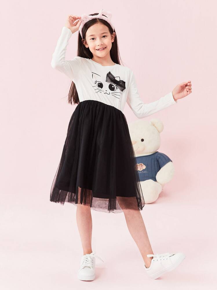 SHEIN Đầm Gái Hoạt hình Khối Màu Dễ thương - Đen và trắng - Xem 3