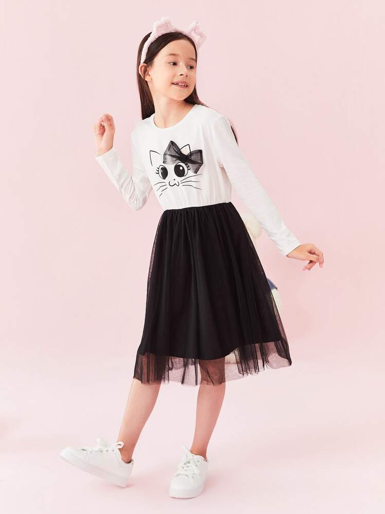 SHEIN Đầm Gái Hoạt hình Khối Màu Dễ thương - Đen và trắng - Xem 4