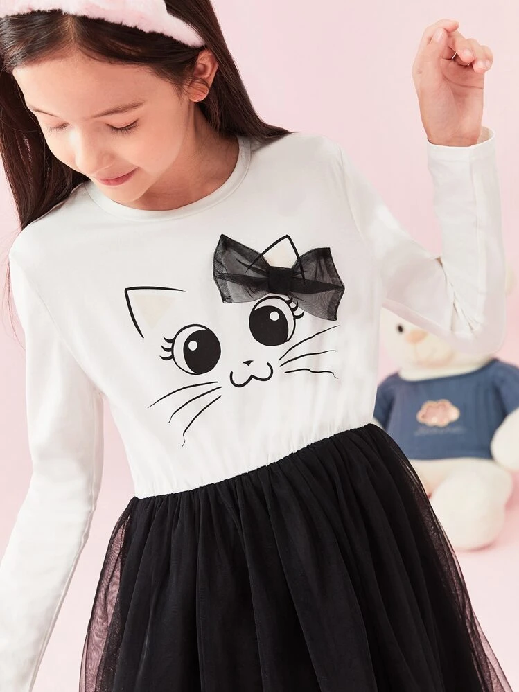 SHEIN Đầm Gái Hoạt hình Khối Màu Dễ thương - Đen và trắng - Xem 5