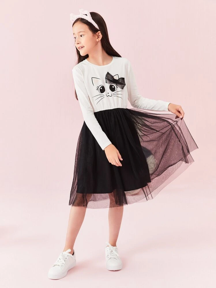 SHEIN Đầm Gái Hoạt hình Khối Màu Dễ thương - Đen và trắng - Xem 6