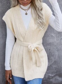 Sleeveless Open Front Belted Cardigan Without Jumper - Beige - View 1