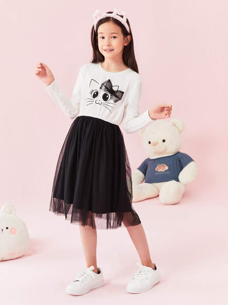 SHEIN Đầm Gái Hoạt hình Khối Màu Dễ thương - Đen và trắng - Xem 7