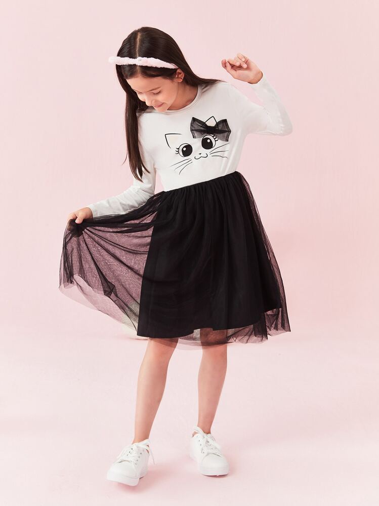 SHEIN Đầm Gái Hoạt hình Khối Màu Dễ thương - Đen và trắng - Xem 8