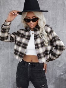 SHEIN LUNE Cazadora corta de cuadros con botón de hombros caídos - Multicolor - Ver 3