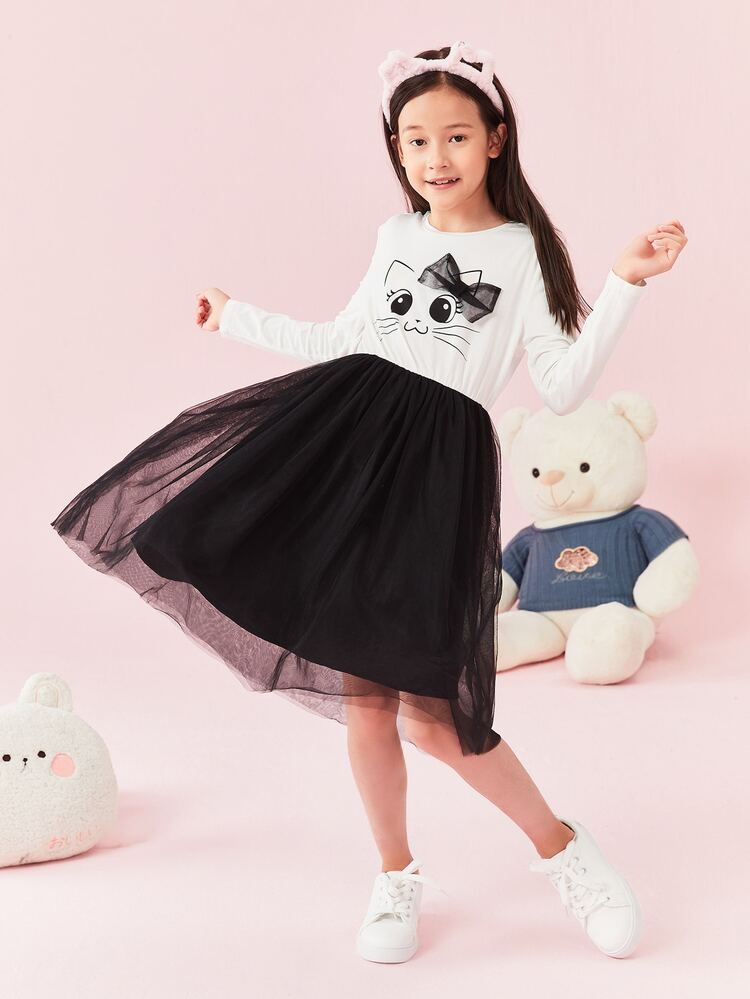 SHEIN Đầm Gái Hoạt hình Khối Màu Dễ thương - Đen và trắng - Xem 9