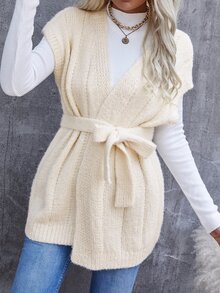 Sleeveless Open Front Belted Cardigan Without Jumper - Beige - View 3