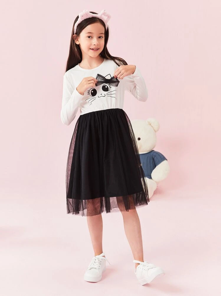 SHEIN Đầm Gái Hoạt hình Khối Màu Dễ thương - Đen và trắng - Xem 10