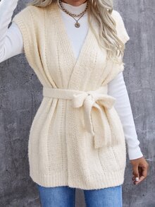 Sleeveless Open Front Belted Cardigan Without Jumper - Beige - View 4