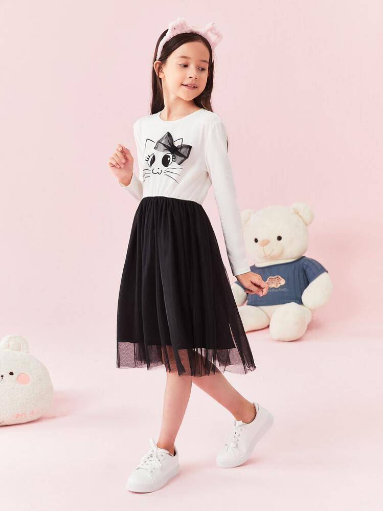 SHEIN Đầm Gái Hoạt hình Khối Màu Dễ thương - Đen và trắng - Xem 11