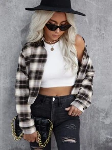 SHEIN LUNE Cazadora corta de cuadros con botón de hombros caídos - Multicolor - Ver 4