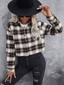 SHEIN LUNE Cazadora corta de cuadros con botón de hombros caídos - Multicolor - Ver 5