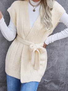 Sleeveless Open Front Belted Cardigan Without Jumper - Beige - View 5