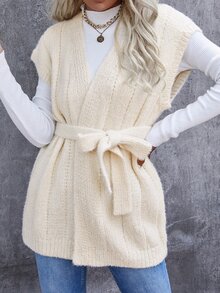 Sleeveless Open Front Belted Cardigan Without Jumper - Beige - View 6