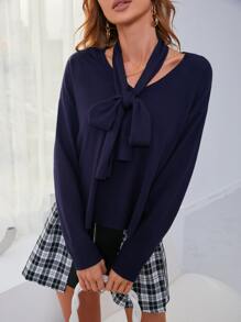 Mulvari 繫帶領落肩袖套頭毛衣 - 藏蓝色 - 查看 6