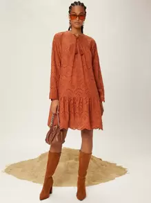 SHEINNeu 流蘇繫帶領荷葉邊網眼刺繡娃娃裙 - 亮橙色 - 查看 3