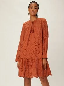 SHEINNeu 流蘇繫帶領荷葉邊網眼刺繡娃娃裙 - 亮橙色 - 查看 1