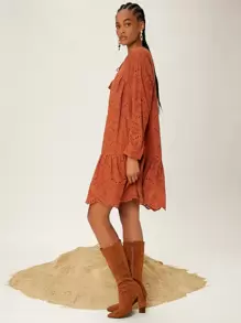 SHEINNeu 流蘇繫帶領荷葉邊網眼刺繡娃娃裙 - 亮橙色 - 查看 5
