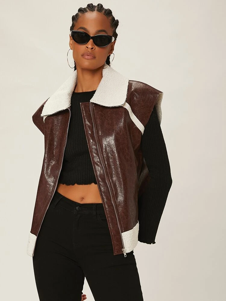 Borg Collar Sleeveless PU Leather Coat