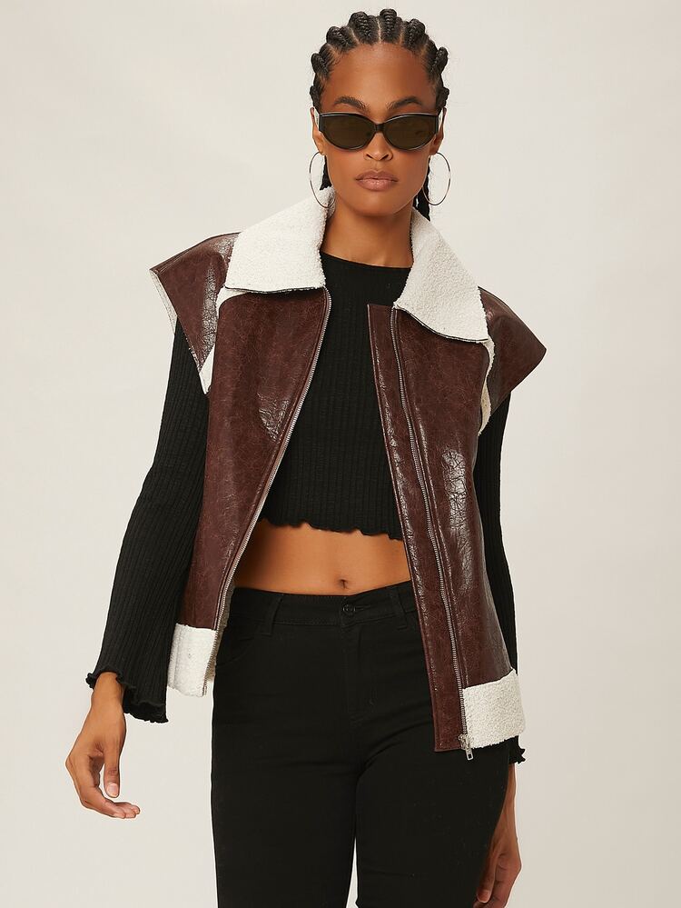 Borg Collar Sleeveless PU Leather Coat