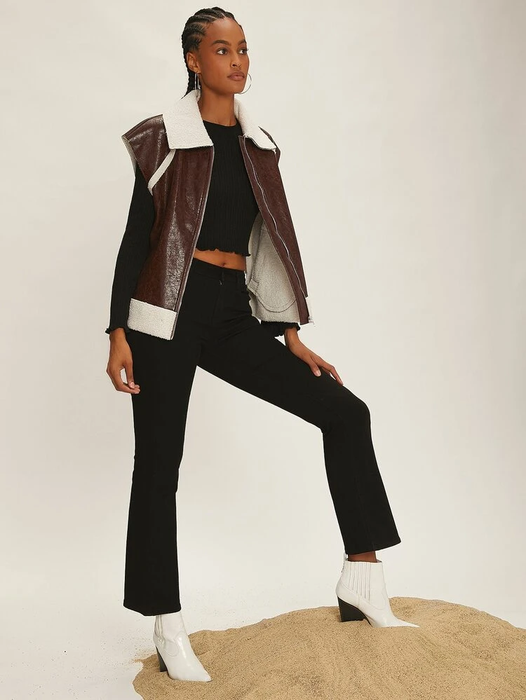 Borg Collar Sleeveless PU Leather Coat