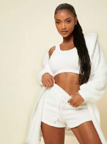 Conjunto de pijama acogedor con top de franela corto, shorts y bata con capucha, conjunto blanco, ropa de otoño e invierno, pijama esponjoso - Blanco - Ver 1