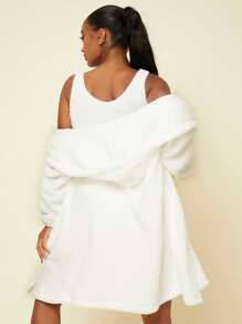 Conjunto de pijama acogedor con top de franela corto, shorts y bata con capucha, conjunto blanco, ropa de otoño e invierno, pijama esponjoso - Blanco - Ver 2