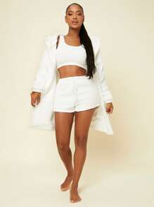 Conjunto de pijama acogedor con top de franela corto, shorts y bata con capucha, conjunto blanco, ropa de otoño e invierno, pijama esponjoso - Blanco - Ver 3