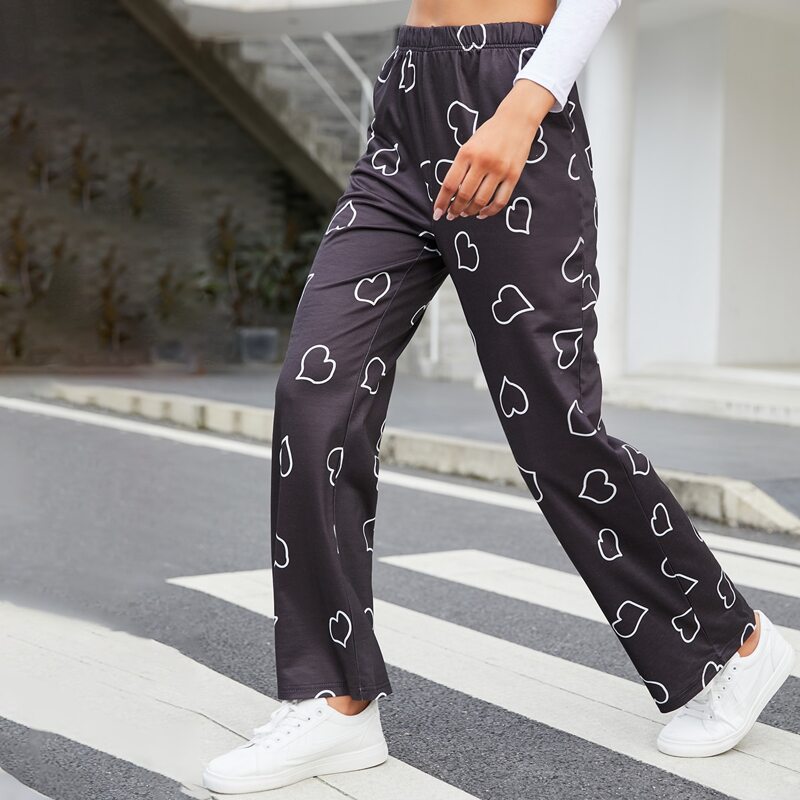 

High Waist Heart Print Sweatpants, Black