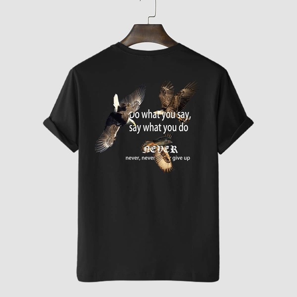 

Men Slogan & Eagle Print Drop Shoulder Tee, Black