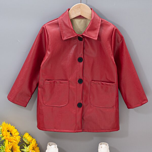 

Toddler Girls Dual Pocket PU Leather Coat, Burgundy